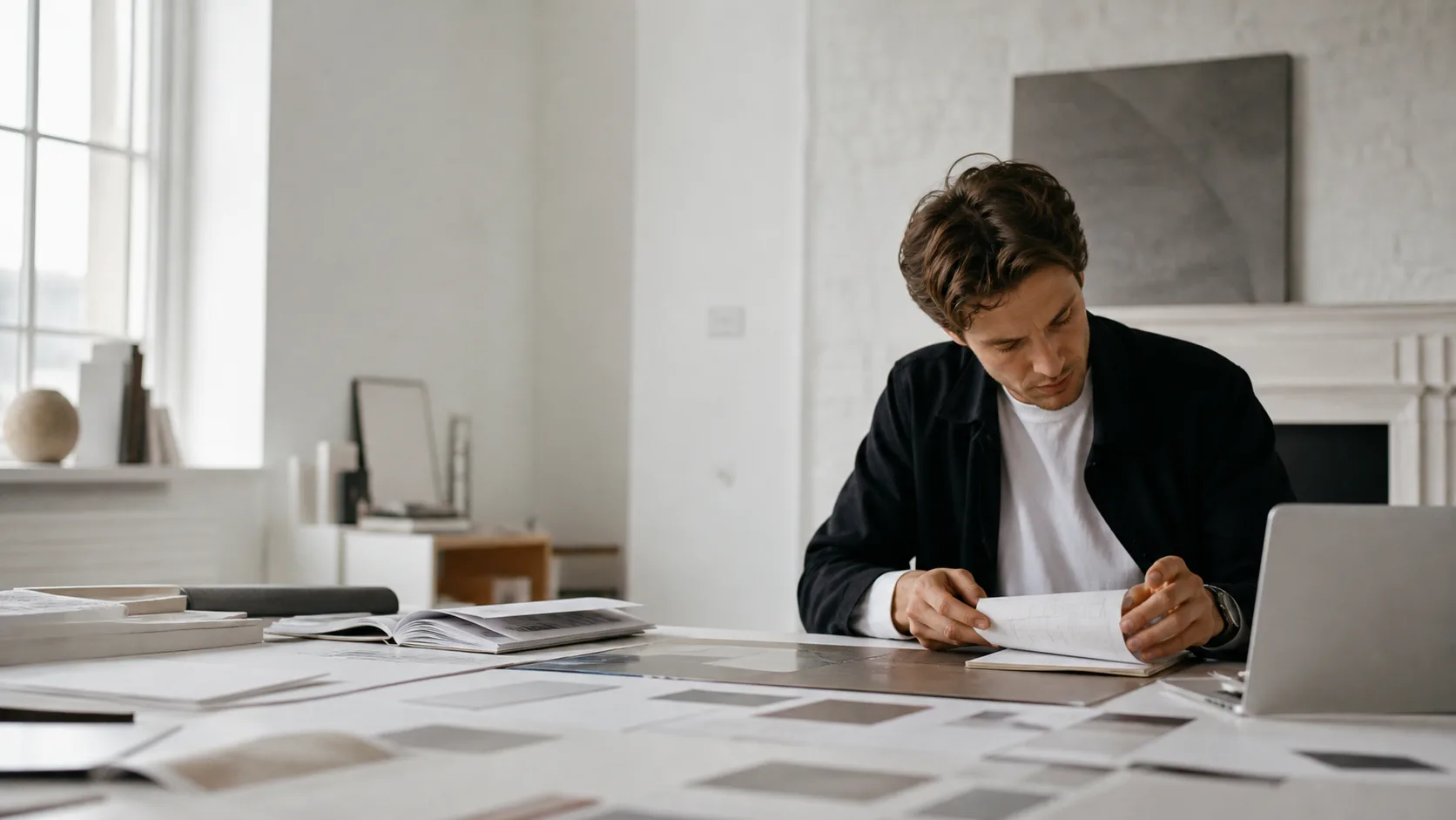 A graduate reviewing career evidence at a sunlit desk